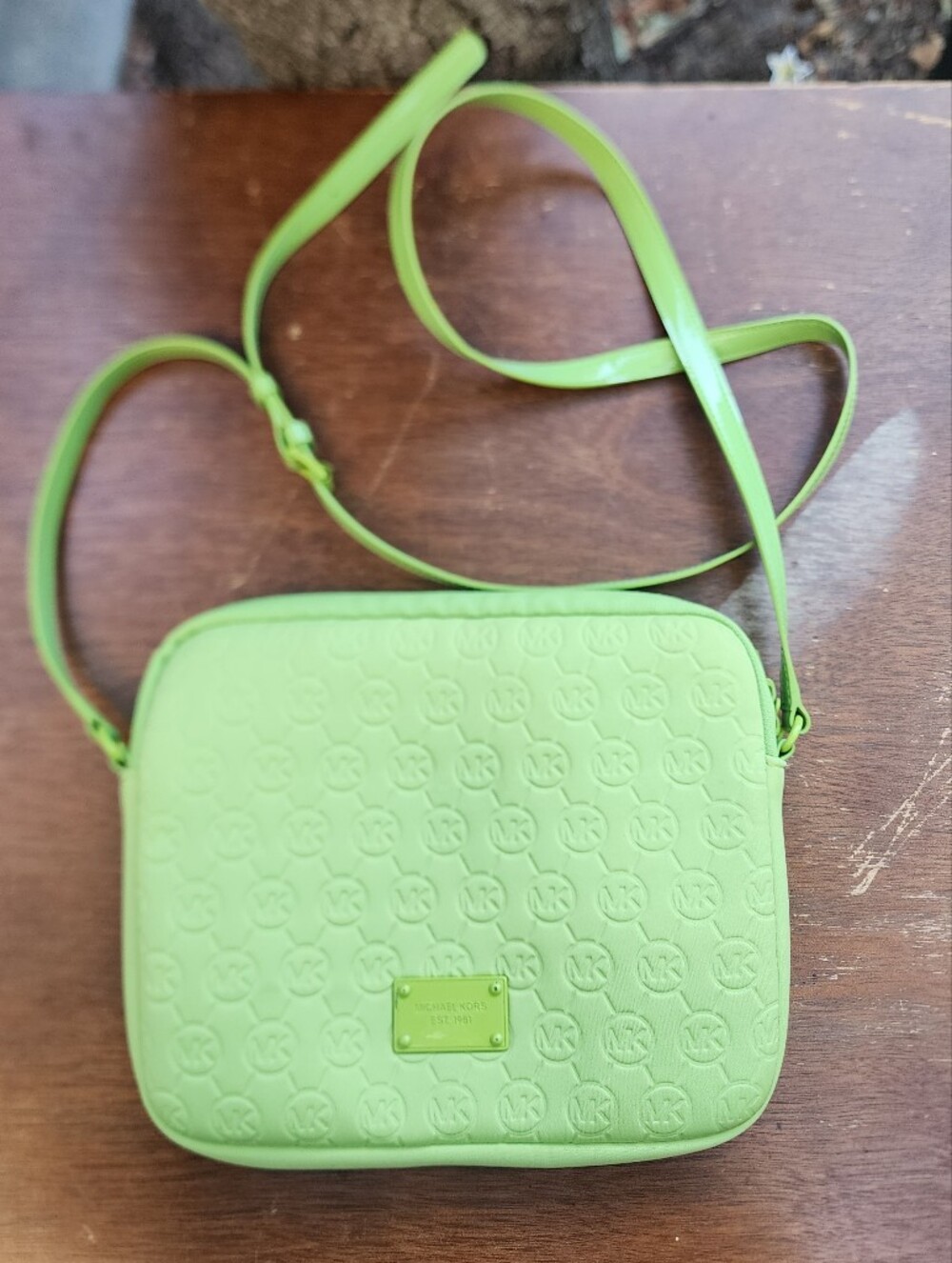 Michael Kors Lime Neon Green Neoprene MK Logo Crossbody Tablet iPad Bag